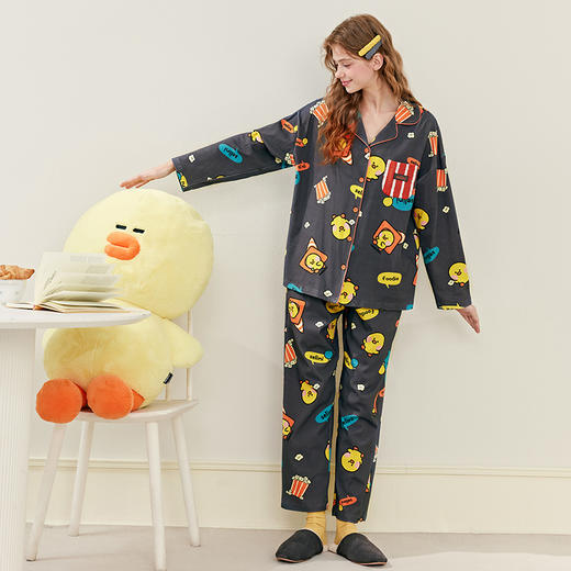 芬腾睡衣女春秋季纯棉长袖开衫套装可爱布朗熊全棉宽松大码家居服 商品图4
