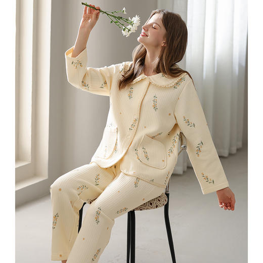 芬腾睡衣女秋冬纯棉空气棉夹层长袖抗菌春秋套装宽松加大码家居服 商品图3