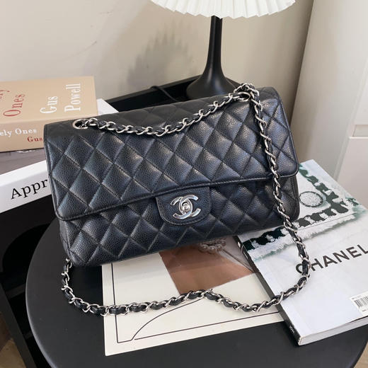 Chanel CF 荔枝纹牛皮 中号 黑银 斜挎包 商品图0