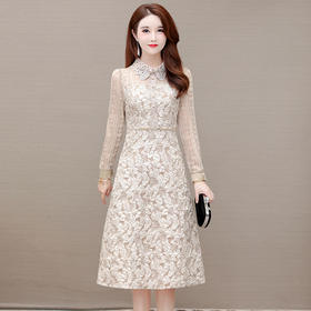 QYM J21163-Y蕾丝花边领连衣裙拼结时尚提花裙A字裙
