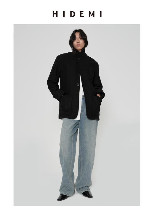 HIDEMI 进口澳洲绵羊毛全毛厚款复古立体口袋工装感西装导演外套大衣 意大利米/艺术灰/黑色 商品图10