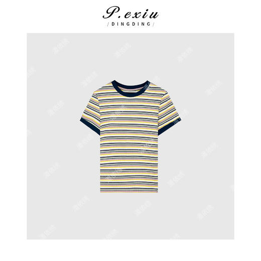 04-3潘依绣丁丁宠粉彩虹条纹撞色韩版短袖T恤Q4763 商品图0