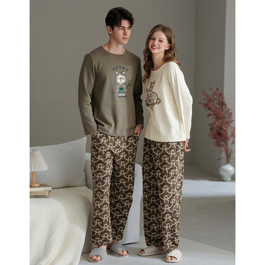 芬腾情侣睡衣春秋季纯棉长袖女宽松休闲男青年全棉大码家居服套装 商品图4