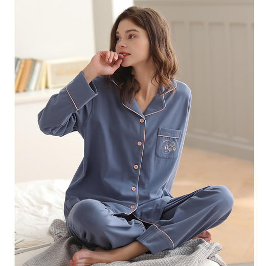芬腾睡衣全棉休闲春秋季情侣开衫男女纯色棉长袖长裤家居服套装 商品图4