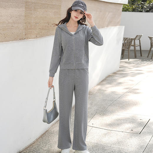 纯色连帽运动休闲短款外套，时尚减龄修身阔腿裤两件套QYM- XYKL-4846-L 商品图1