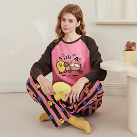 芬腾睡衣女春秋季新款纯棉长袖圆领套装布朗熊可爱休闲大码家居服