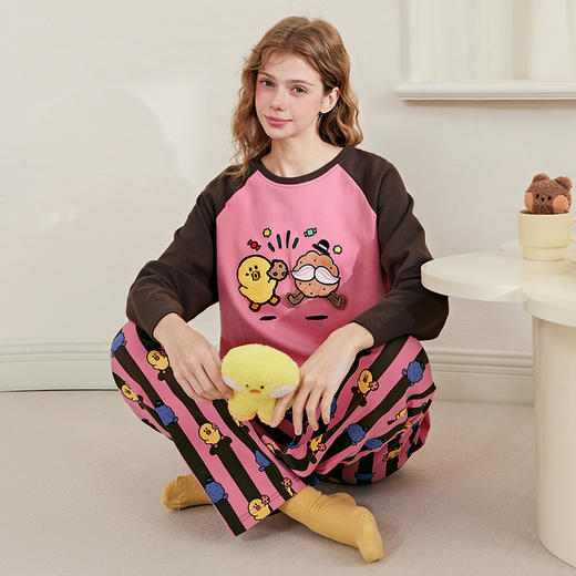 芬腾睡衣女春秋季新款纯棉长袖圆领套装布朗熊可爱休闲大码家居服 商品图0