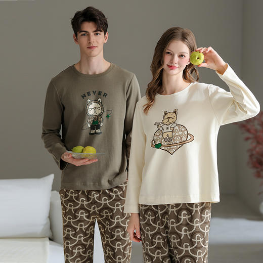 芬腾情侣睡衣春秋季纯棉长袖女宽松休闲男青年全棉大码家居服套装 商品图0