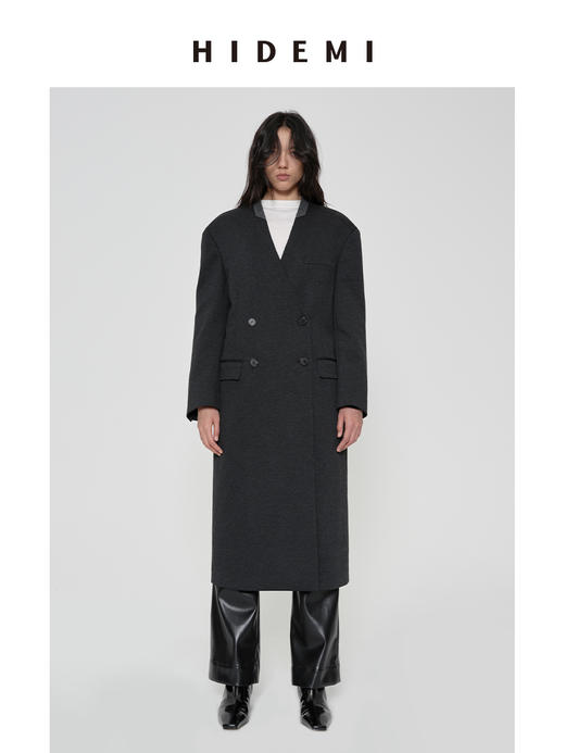 HIDEMI 甄选可再生纤维斜纹复古感v领宽肩大廓形厚款高织高克重长款西装西服大衣 商品图0