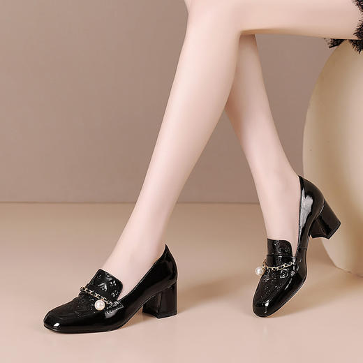 OLDH2330 春秋款中跟单鞋女士漆皮中口粗跟皮鞋职业装OL上班工作鞋黑色女鞋 商品图1