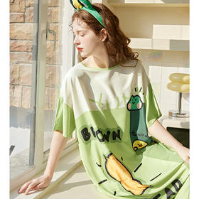 芬腾布朗熊睡裙女夏季冰丝薄款短袖睡衣裙可爱休闲大码家居服中裙