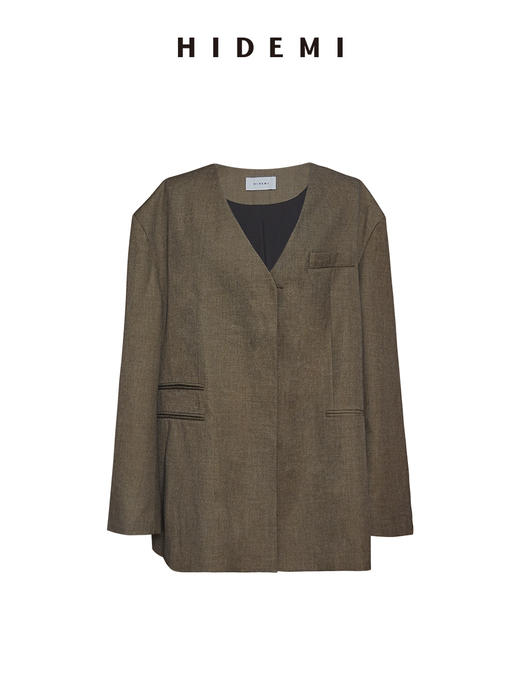 HIDEMI 沙漠枯米黄色v领宽肩垫肩宽松廓形男朋友式西装外套 商品图8