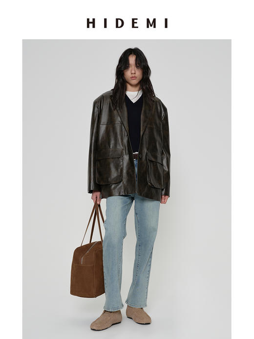 HIDEMI 【吴千语同款】甄选复古水洗擦色感环保蛋白皮工装感立体大口袋西装外套皮衣 商品图6