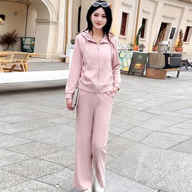 纯色连帽运动休闲短款外套，时尚减龄修身阔腿裤两件套QYM- XYKL-4846-L