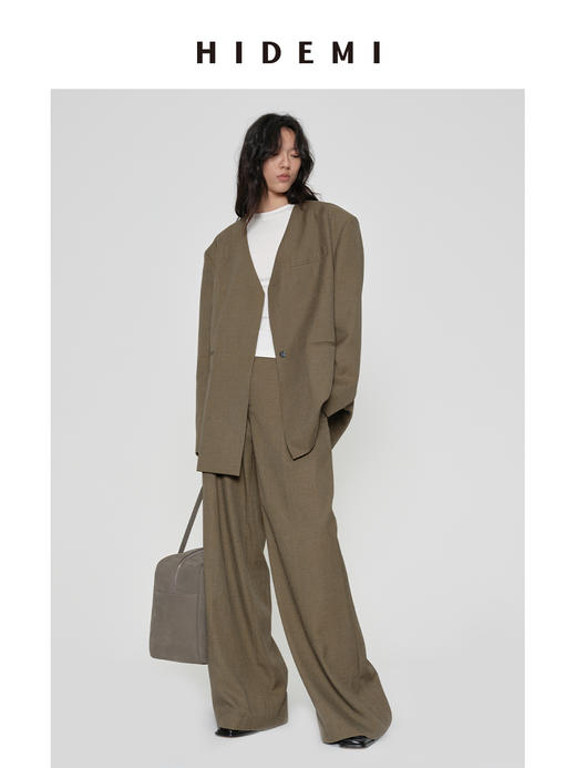 HIDEMI 沙漠枯米黄色v领宽肩垫肩宽松廓形男朋友式西装外套 商品图6