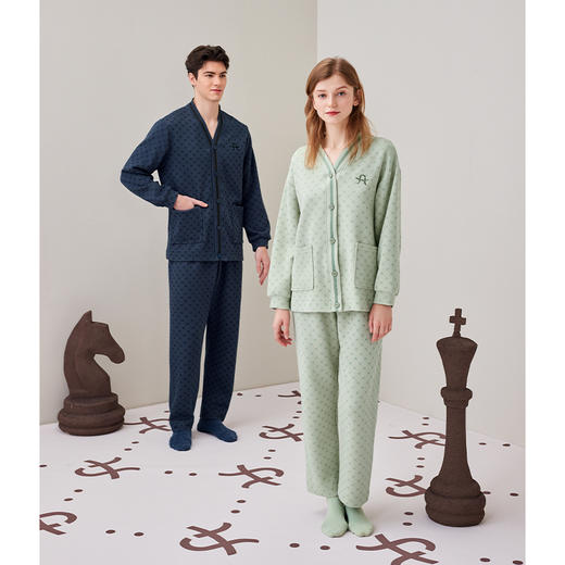芬腾情侣睡衣秋冬空气棉夹层长袖纯棉套装女抗菌男士加大码家居服 商品图4