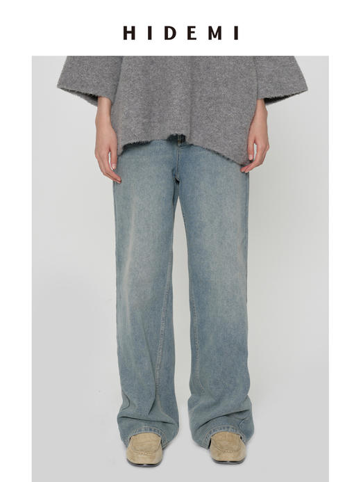 HIDEMI 多重水洗复古感做旧蓝灰调中低腰直筒牛仔裤 商品图3