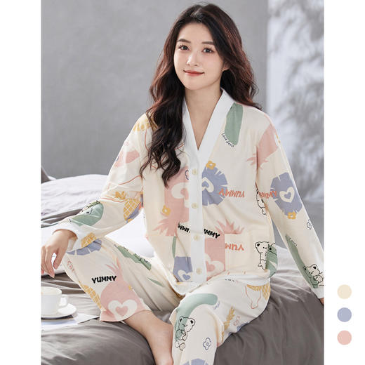 睡衣女纯棉春秋季开衫长袖长裤全棉全棉家居服套装   芬腾 商品图1