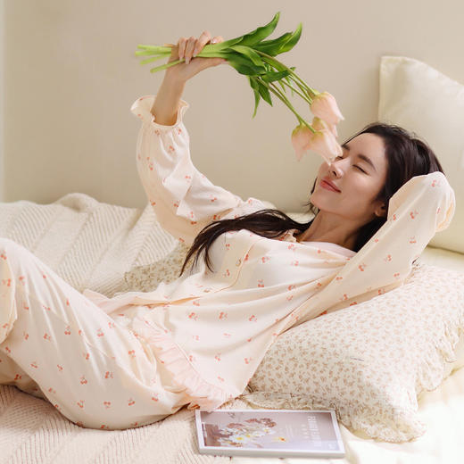 芬腾纯棉睡衣女士长袖秋季舒适休闲宽松开衫可爱家居服套装春秋款 商品图1