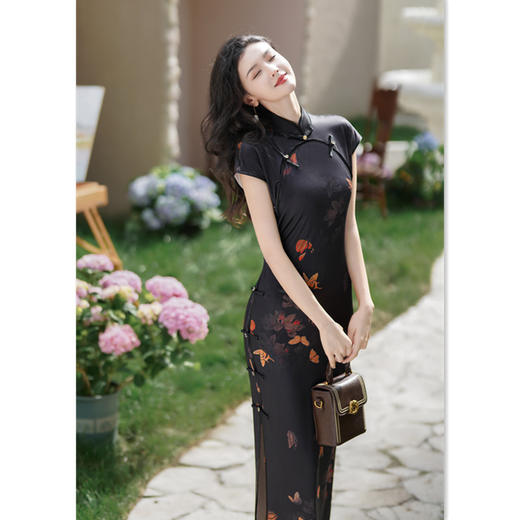 2024秋新款复古国风针织修身日常新中式长款短袖旗袍SYK66718 商品图0