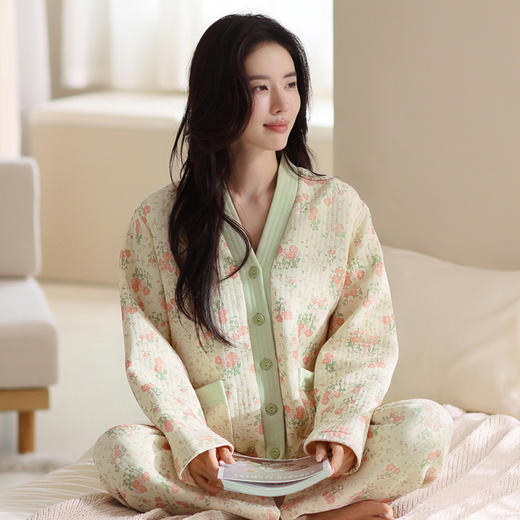 芬腾舒适针织薄夹棉春秋季纯棉女士款睡衣全棉V领长袖套装家居服 商品图1