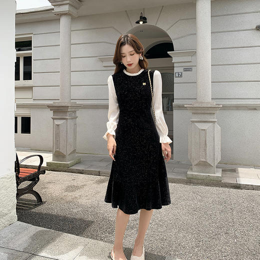 奢姿大码女装2025春季减龄木耳边拼接连衣裙胖妹妹喇叭袖时尚裙子9943890167 商品图2