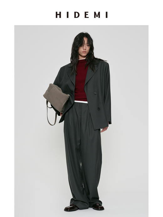 HIDEMI 莫兰迪灰蓝色显瘦双压褶中腰式设计感宽腿直筒西裤长裤 商品图4