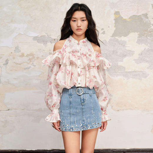 甜美浪漫感晕染印花挂脖荷叶边长袖上衣MC88TP612 商品图0