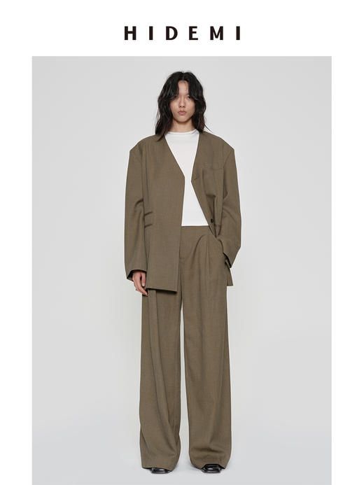 HIDEMI 沙漠枯米黄色v领宽肩垫肩宽松廓形男朋友式西装外套 商品图4