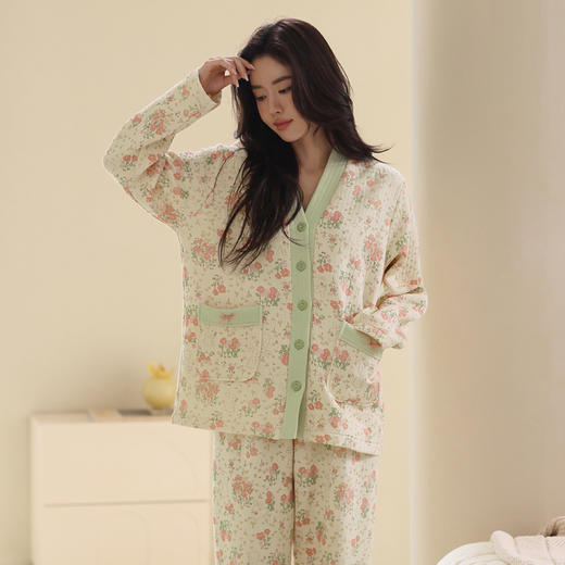 芬腾舒适针织薄夹棉春秋季纯棉女士款睡衣全棉V领长袖套装家居服 商品图2