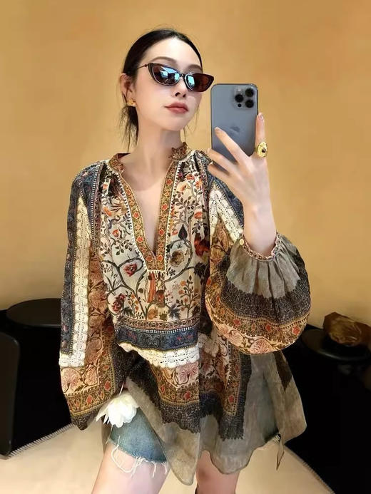 法国苎麻民族风定拉印花蕾丝拼接轻薄长袖宽松衬衫 商品图10