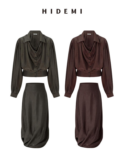 HIDEMI 【当当同款】进口可再生纤维纽扣堆堆领设计感做旧水洗缎面套装 上衣/茧型半裙 勃艮第红/乌木灰棕 商品图7