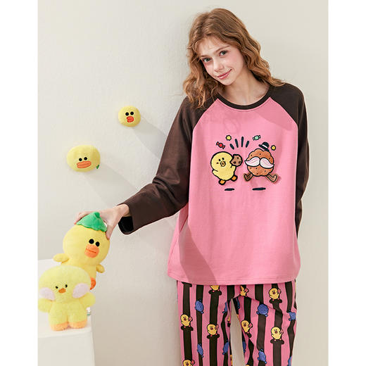 芬腾睡衣女春秋季新款纯棉长袖圆领套装布朗熊可爱休闲大码家居服 商品图3