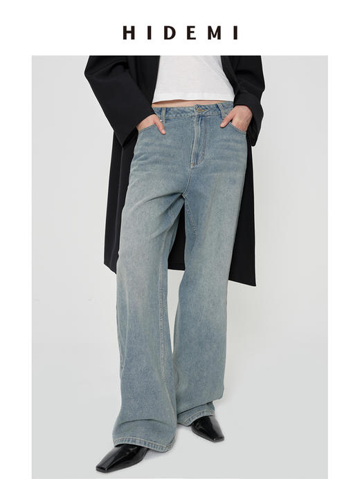 HIDEMI 多重水洗复古感做旧蓝灰调中低腰直筒牛仔裤 商品图0