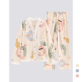 睡衣女纯棉春秋季开衫长袖长裤全棉全棉家居服套装   芬腾