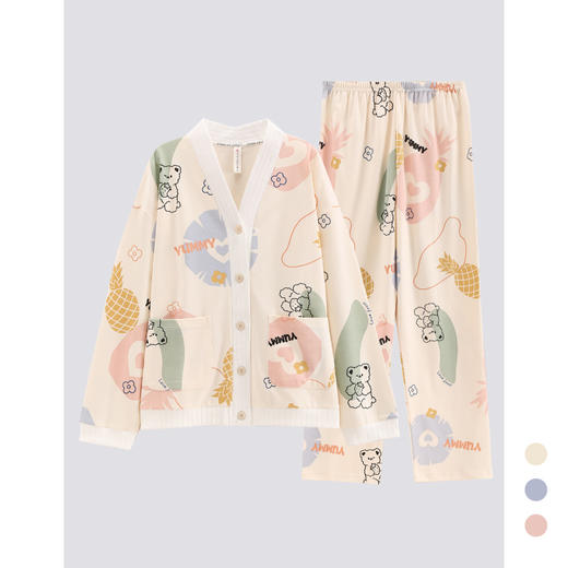 睡衣女纯棉春秋季开衫长袖长裤全棉全棉家居服套装   芬腾 商品图0