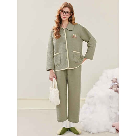 芬腾女士睡衣秋冬季空气棉夹层纯棉长袖套装春秋宽松加大码家居服 商品图4