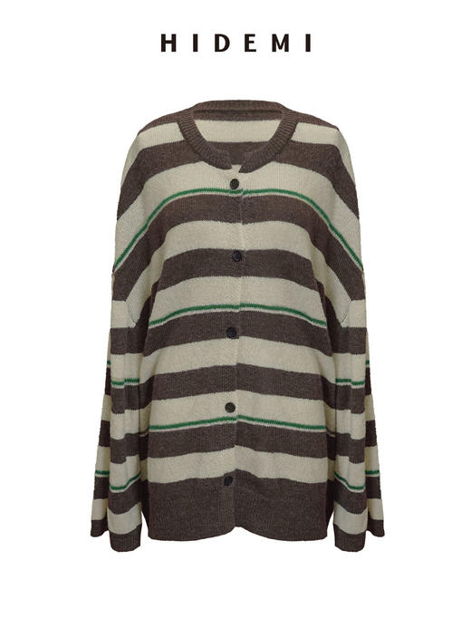 HIDEMI 【当当同款】进口羊驼毛混纺多股纱线条纹松弛感大廓形圆领纽扣开衫外套 黑灰条纹/绿紫条纹/棕绿条纹/灰粉条纹 商品图11