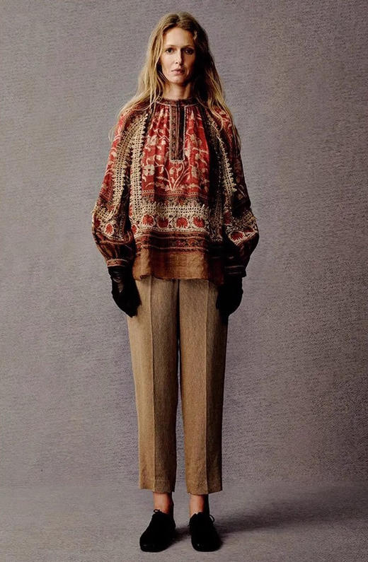 法国苎麻民族风定拉印花蕾丝拼接轻薄长袖宽松衬衫 商品图1