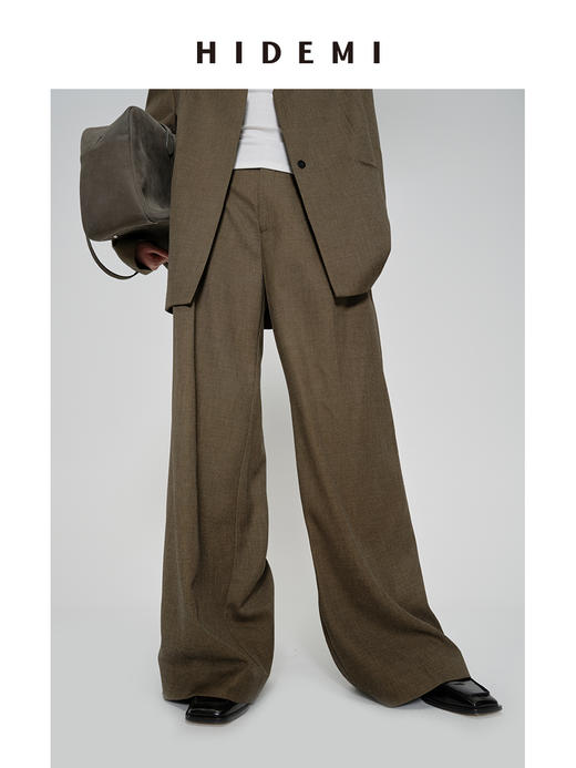HIDEMI 沙漠枯米黄色中高腰阔腿长裤西裤 商品图3