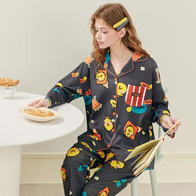 芬腾睡衣女春秋季纯棉长袖开衫套装可爱布朗熊全棉宽松大码家居服
