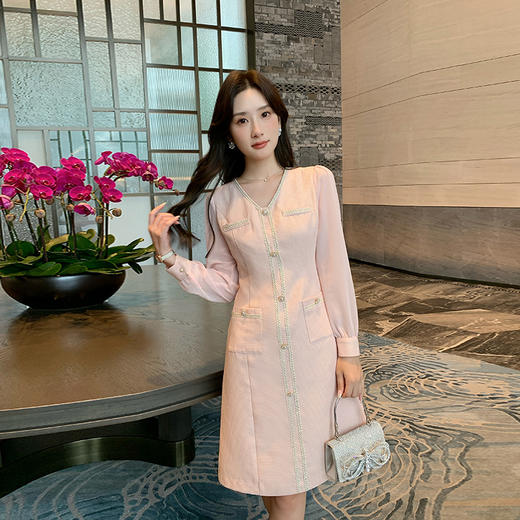 奢姿2025年春季新款大码女装拼接织带V领裙子胖妹妹小香风连衣裙9943826471 商品图2