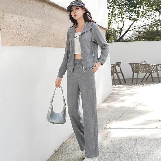 纯色连帽运动休闲短款外套，时尚减龄修身阔腿裤两件套QYM- XYKL-4846-L 商品图2