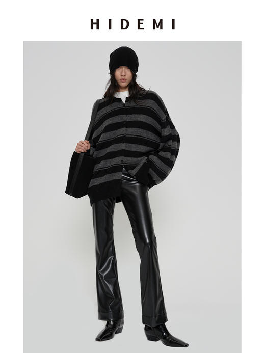 HIDEMI 【当当同款】进口羊驼毛混纺多股纱线条纹松弛感大廓形圆领纽扣开衫外套 黑灰条纹/绿紫条纹/棕绿条纹/灰粉条纹 商品图6