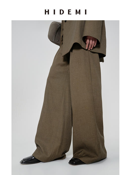 HIDEMI 沙漠枯米黄色中高腰阔腿长裤西裤 商品图6