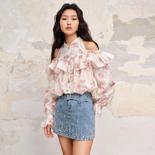 甜美浪漫感晕染印花挂脖荷叶边长袖上衣MC88TP612 商品图1