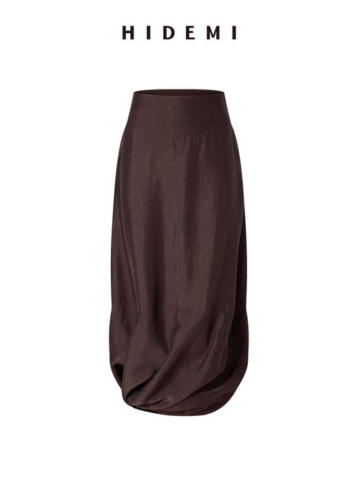 HIDEMI 【当当同款】进口可再生纤维纽扣堆堆领设计感做旧水洗缎面套装 上衣/茧型半裙 勃艮第红/乌木灰棕 商品图11