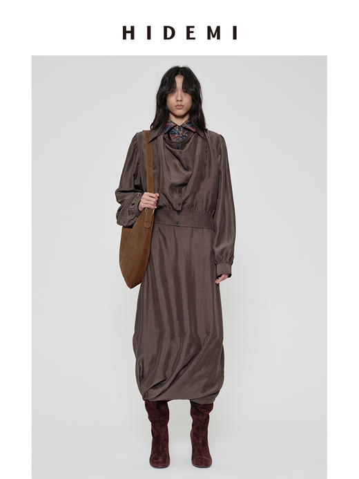 HIDEMI 【当当同款】进口可再生纤维纽扣堆堆领设计感做旧水洗缎面套装 上衣/茧型半裙 勃艮第红/乌木灰棕 商品图0
