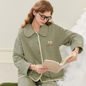 芬腾女士睡衣秋冬季空气棉夹层纯棉长袖套装春秋宽松加大码家居服