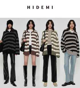 HIDEMI 【当当同款】进口羊驼毛混纺多股纱线条纹松弛感大廓形圆领纽扣开衫外套 黑灰条纹/绿紫条纹/棕绿条纹/灰粉条纹